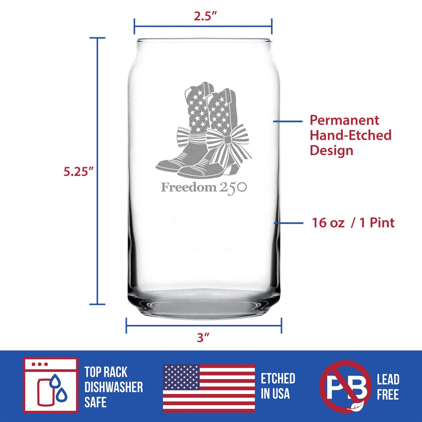Freedom 250 Cowgirl Boots Engraved Beer Can Glass 16oz