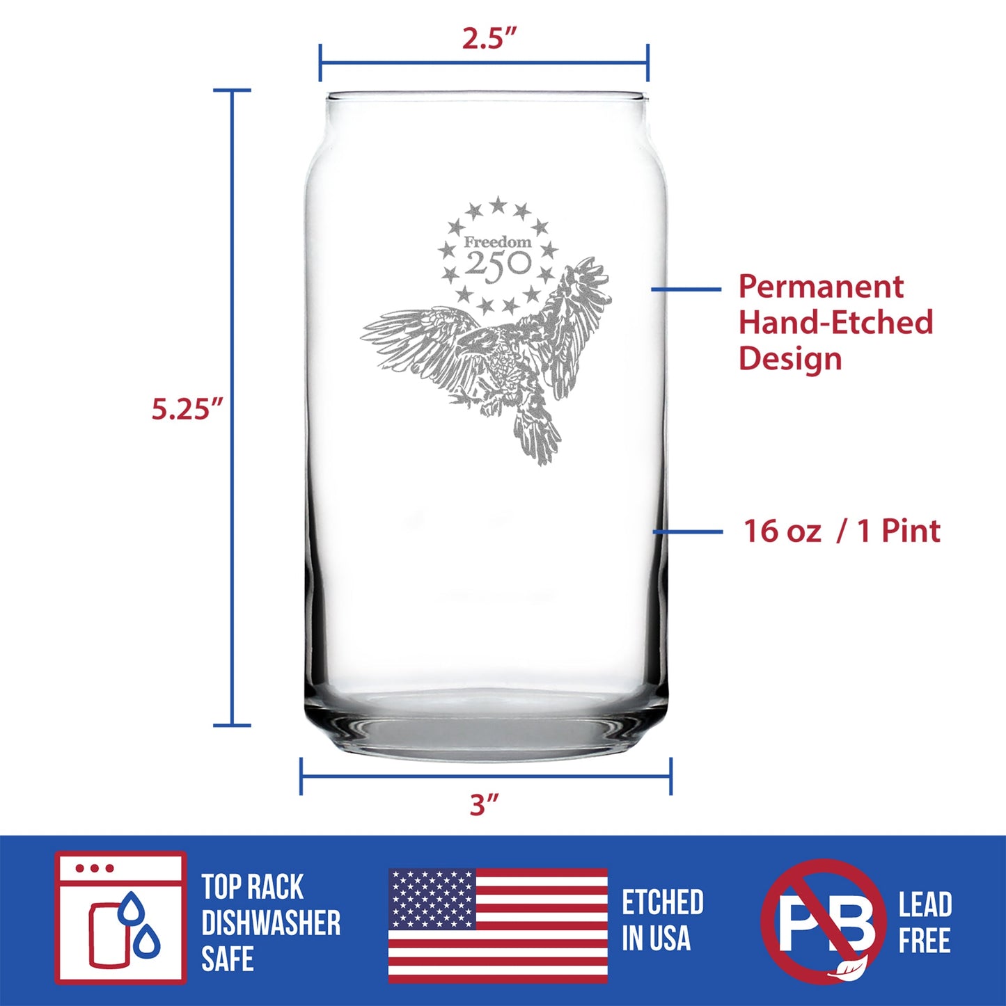 Freedom 250 Bald Eagle Engraved Beer Can Glass 16oz
