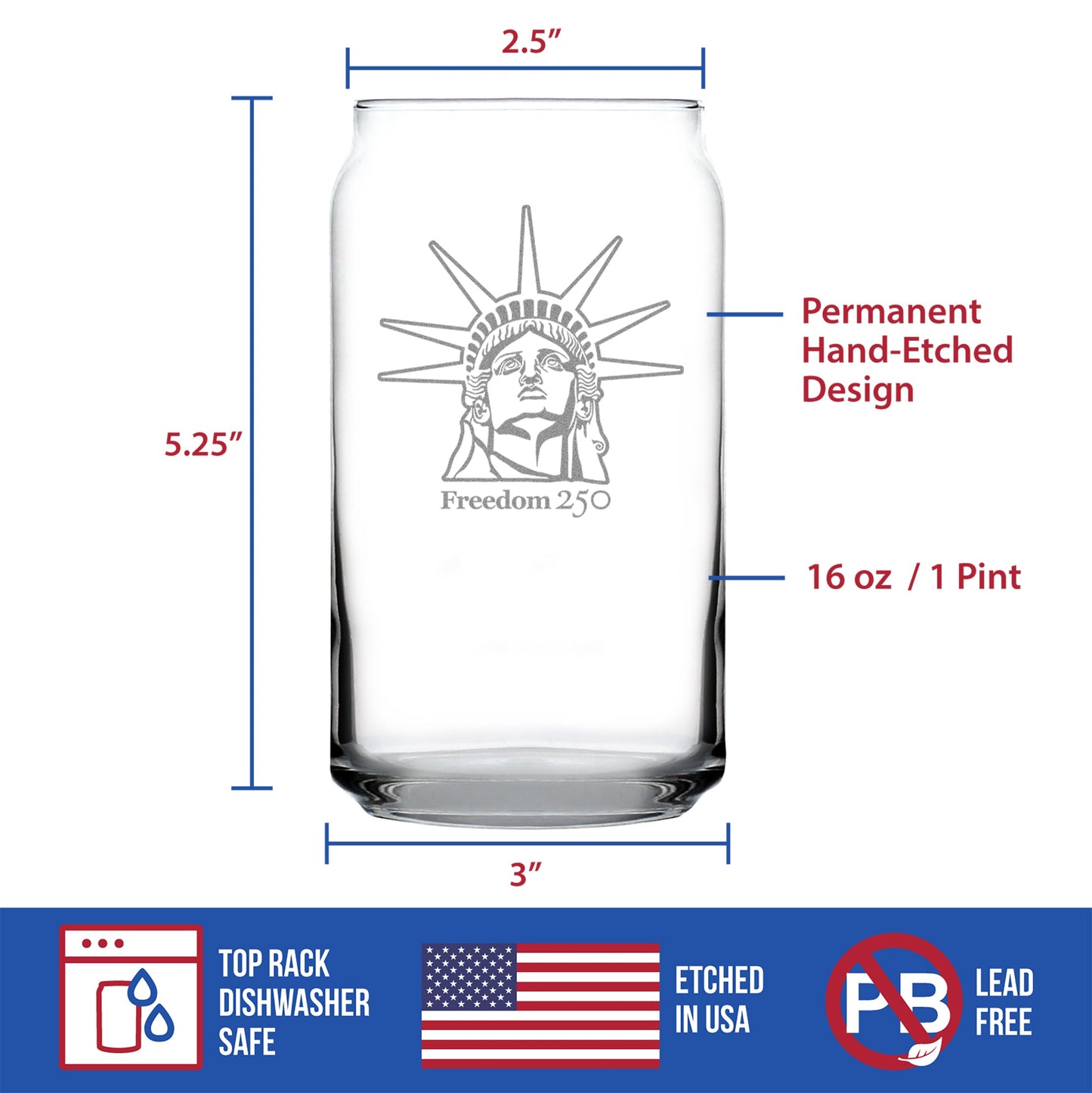Freedom 250 Statue of Liberty Profile Engraved Beer Can Glass 16oz