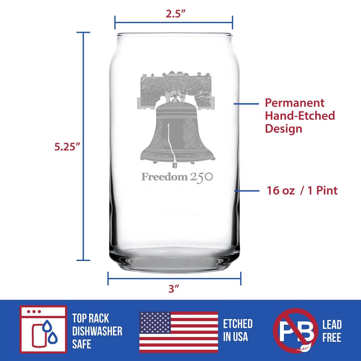 Freedom 250 Liberty Bell Engraved Beer Can Glass Official Merch for 250th Anniversary of the USA Beer Can Shaped Pint Glass - 16oz