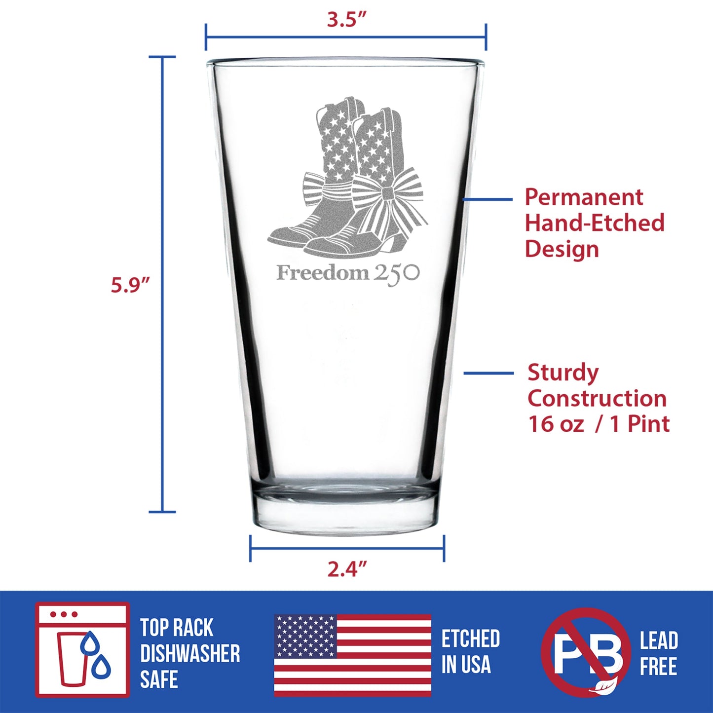 Freedom 250 Cowgirl Boots Engraved Pint Glass 16oz