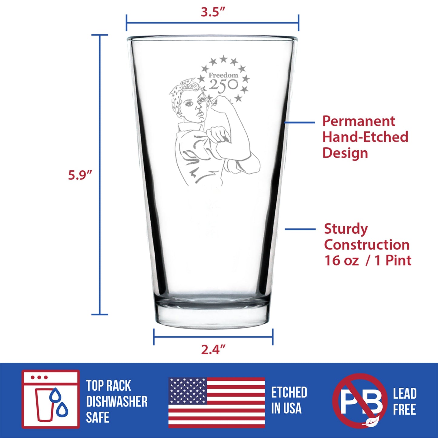Freedom 250 Rosie the Riveter Engraved Pint Glass 16oz