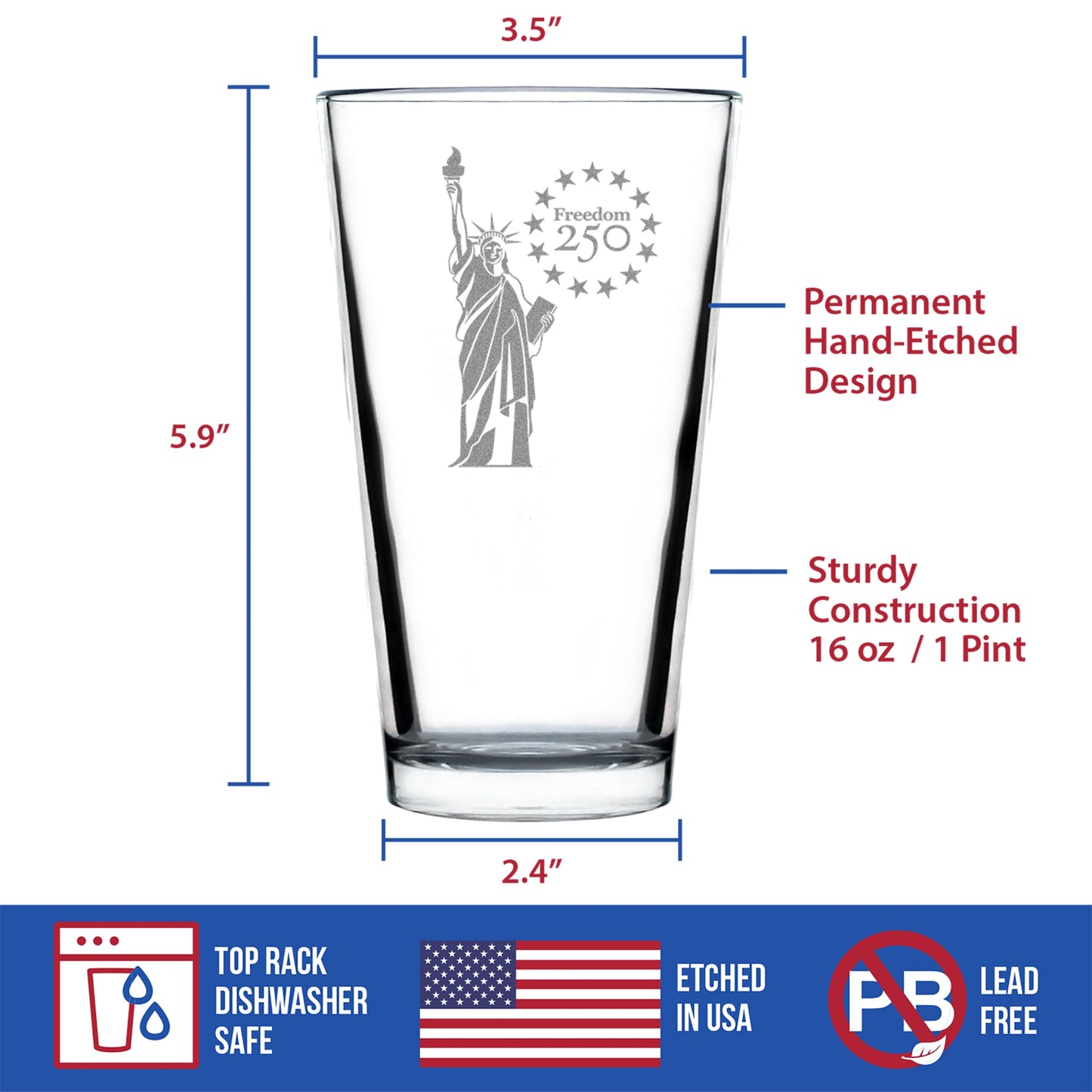 Freedom 250 Statue of Liberty Engraved Pint Glass 16oz
