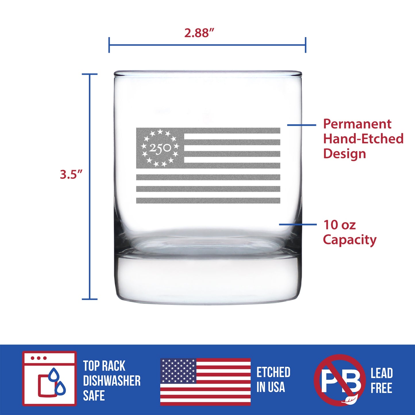 Freedom 250 Flag Logo Engraved Rocks Glass 10.25 oz