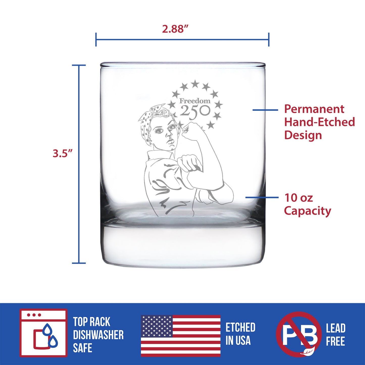 Freedom 250 Rosie the Riveter Engraved Rocks Glass 10.25 oz