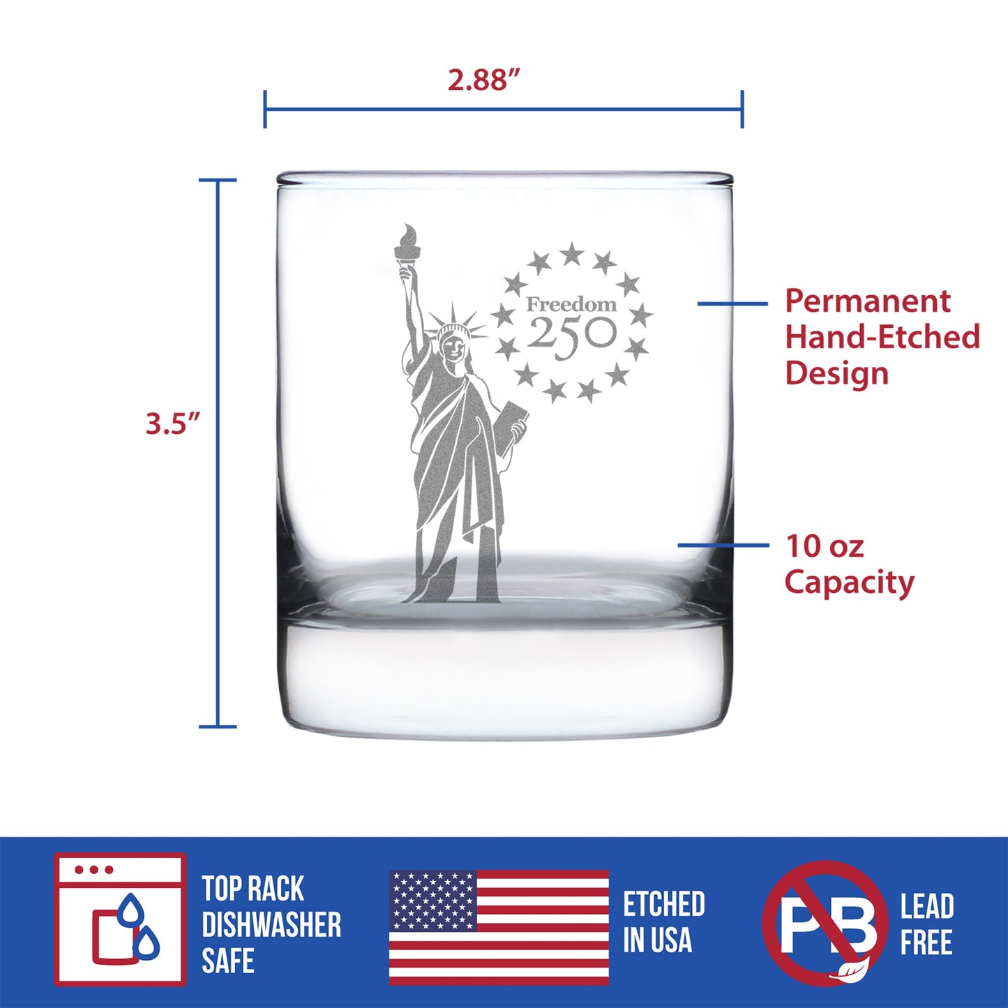 Freedom 250 Statue of Liberty Engraved Rocks Glass 10.25 oz