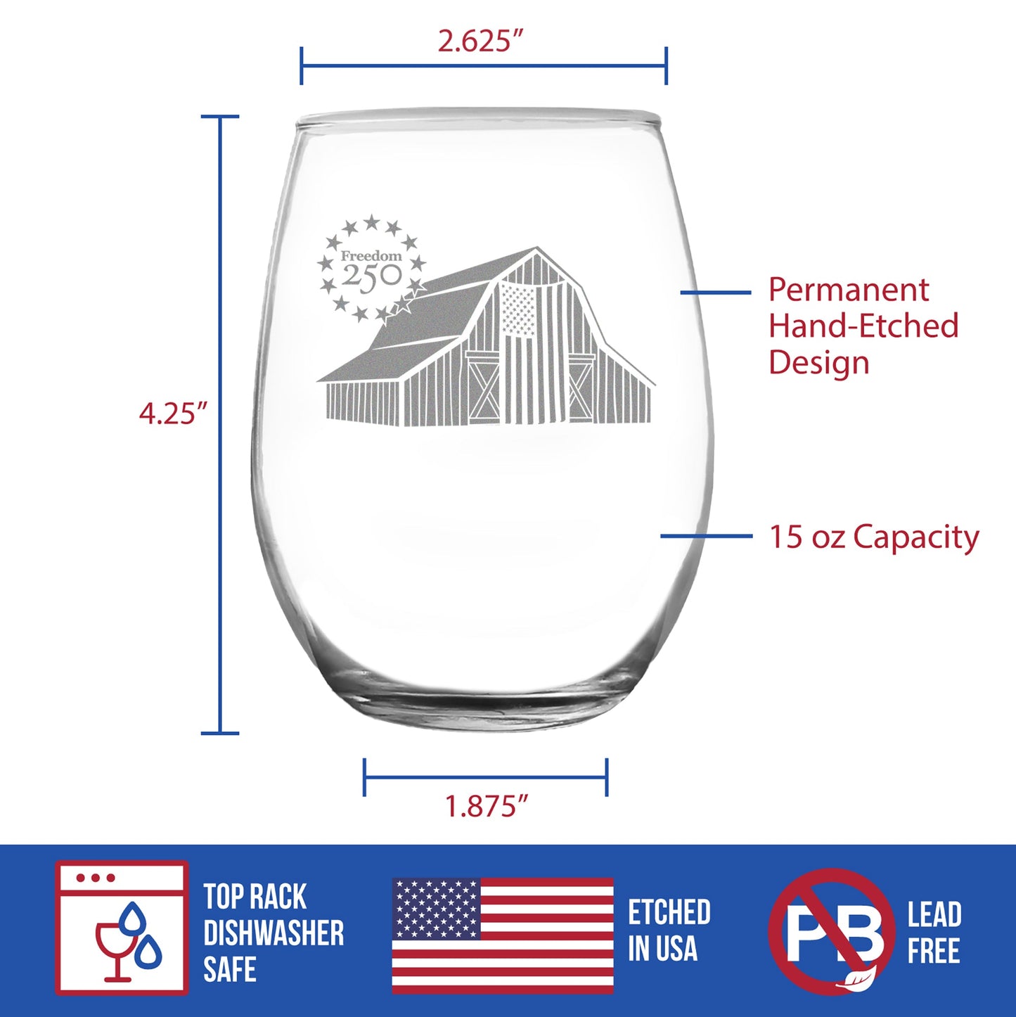Freedom 250 Homestead Barn Engraved Stemless Wine Glass 15 oz