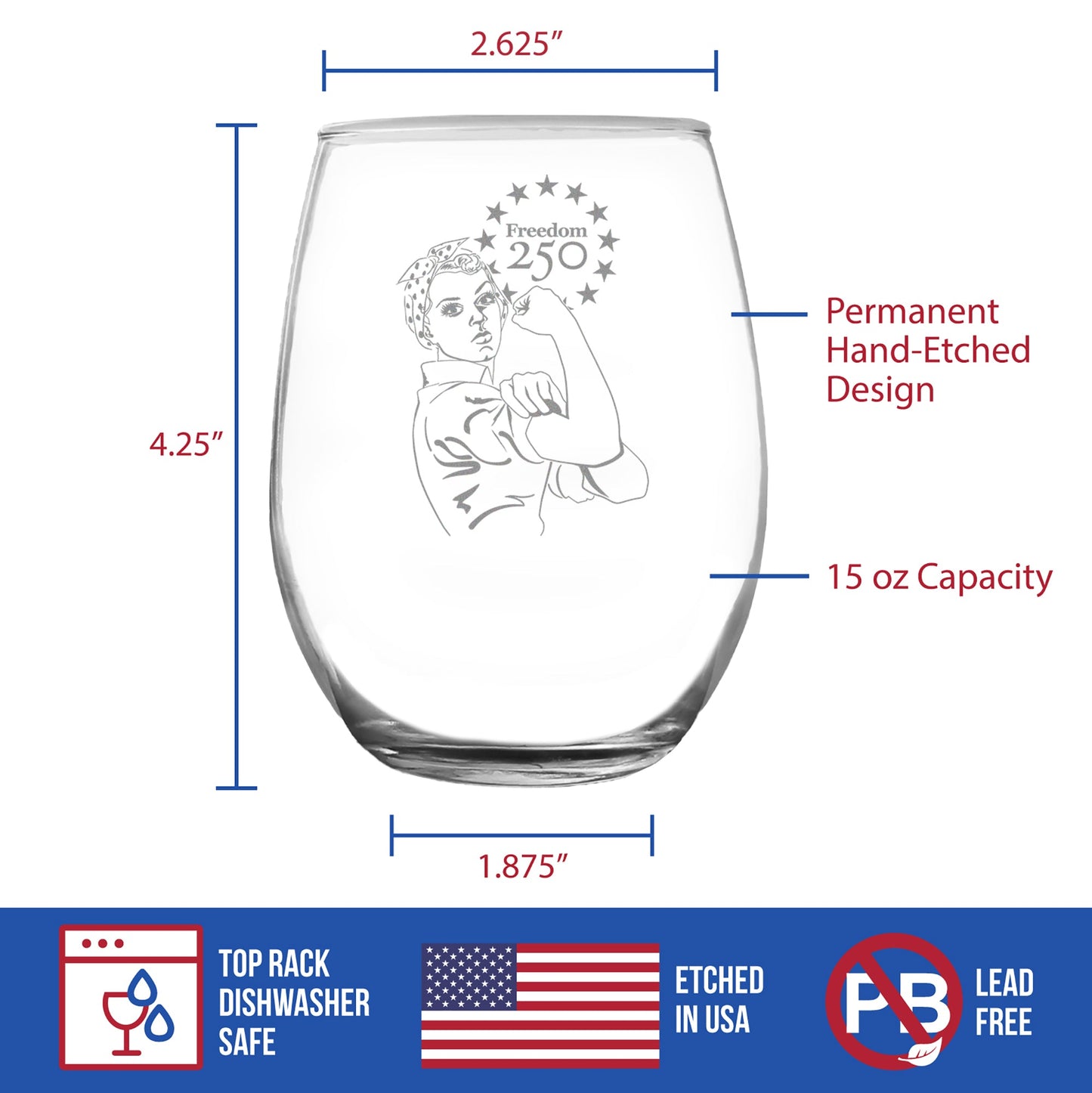 Freedom 250 Rosie the Riveter Engraved Stemless Wine Glass 15 oz