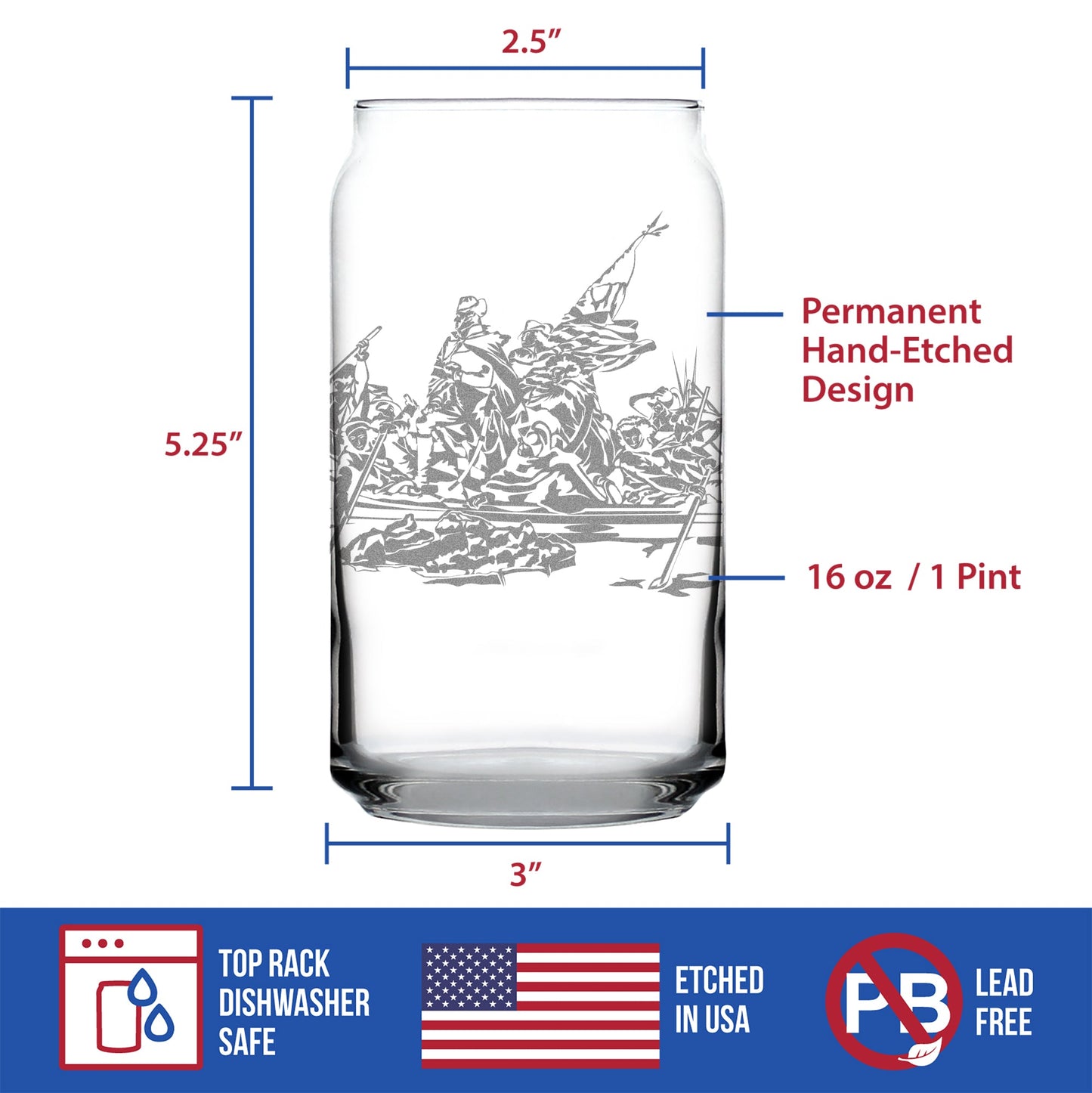 Freedom 250 Washington Crossing the Delaware Engraved Beer Can Glass Official Merch for 250th Anniversary of the USA Beer Can Shaped Pint Glass - 16oz