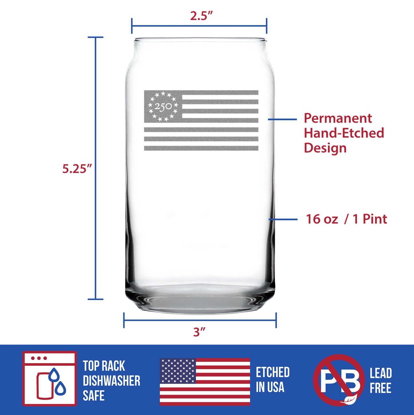 Freedom 250 Flag Logo Engraved Beer Can Glass 16oz
