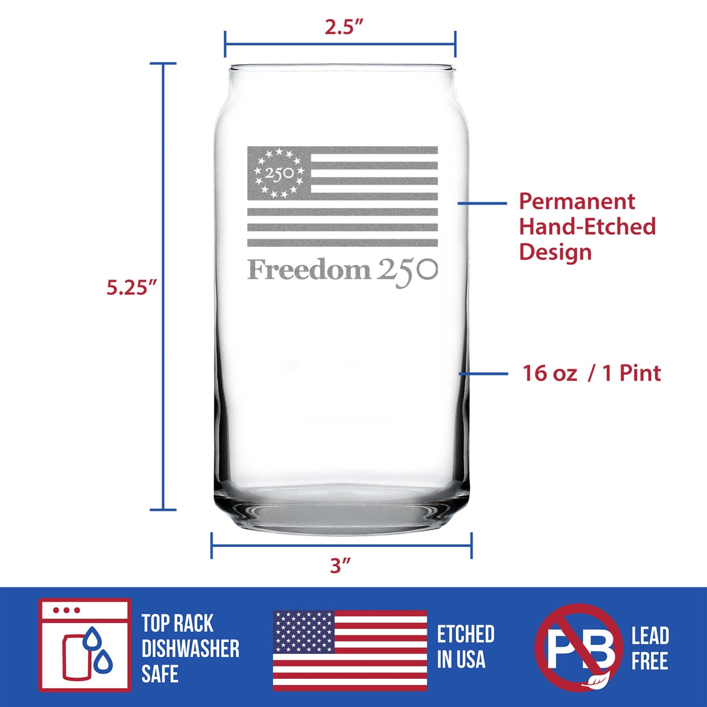 Freedom 250 Logo Engraved Beer Can Glass 16oz