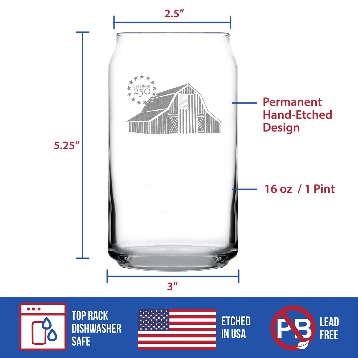 Freedom 250 Homestead Barn Engraved Beer Can Glass 16oz
