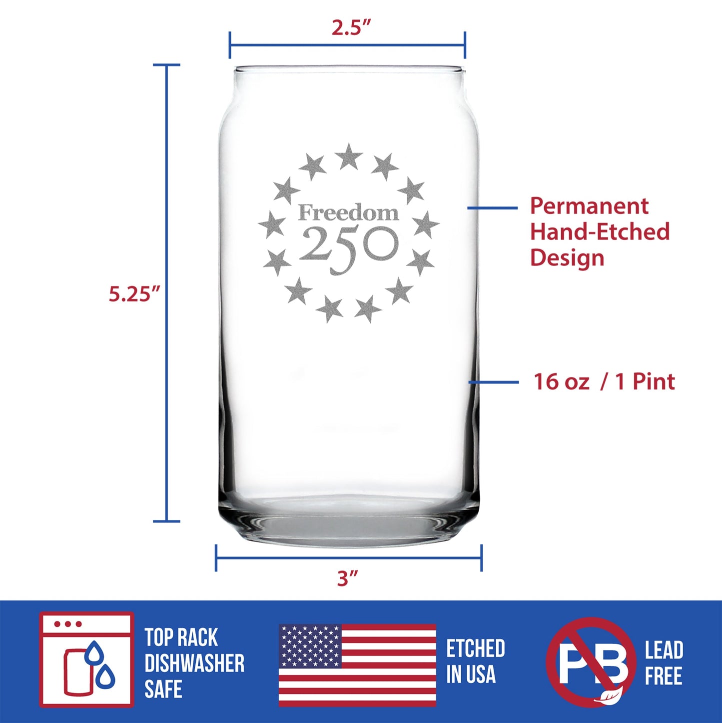 Freedom 250 Betsy Ross Logo Engraved Beer Can Glass 16oz