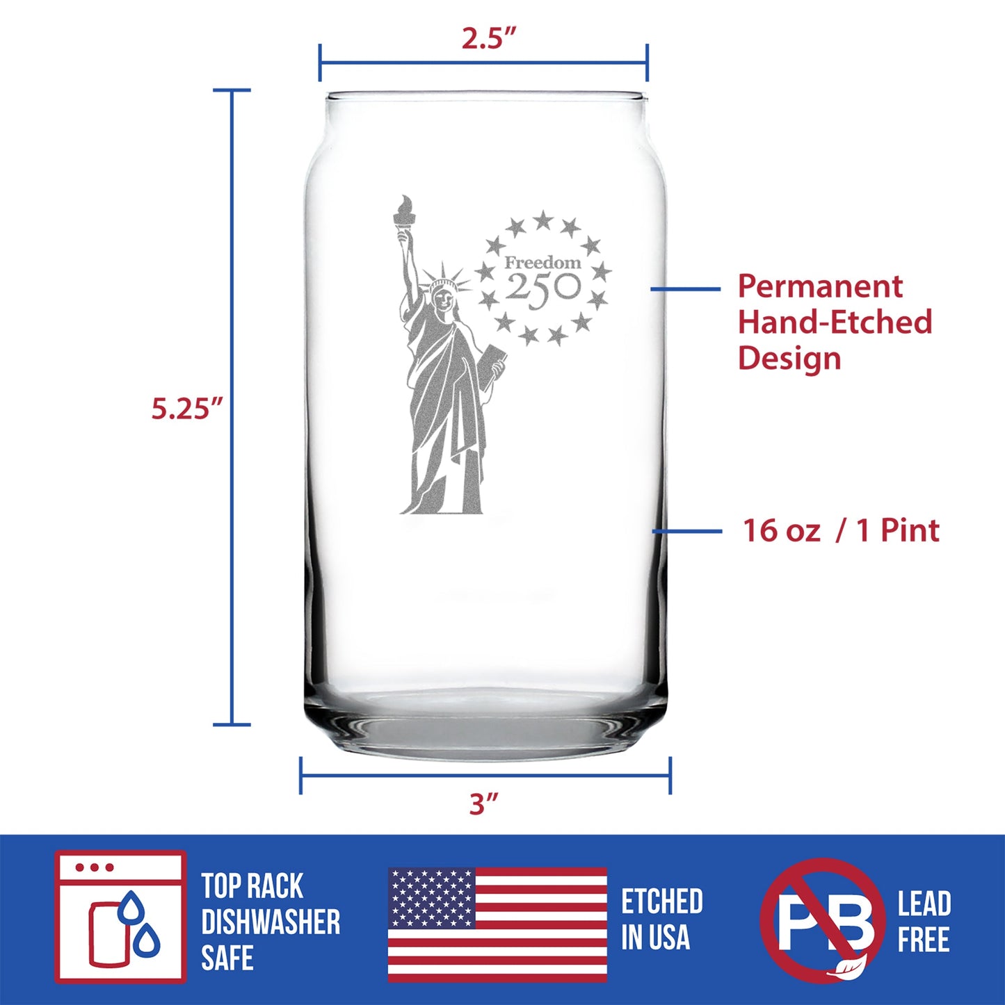 Freedom 250 Statue of Liberty Engraved Beer Can Glass 16oz