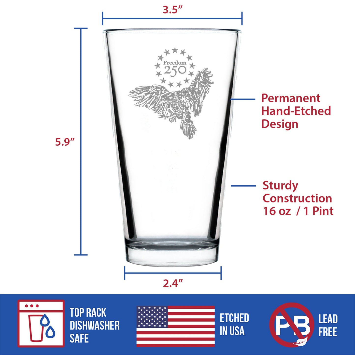 Freedom 250 Bald Eagle Engraved Pint Glass 16oz