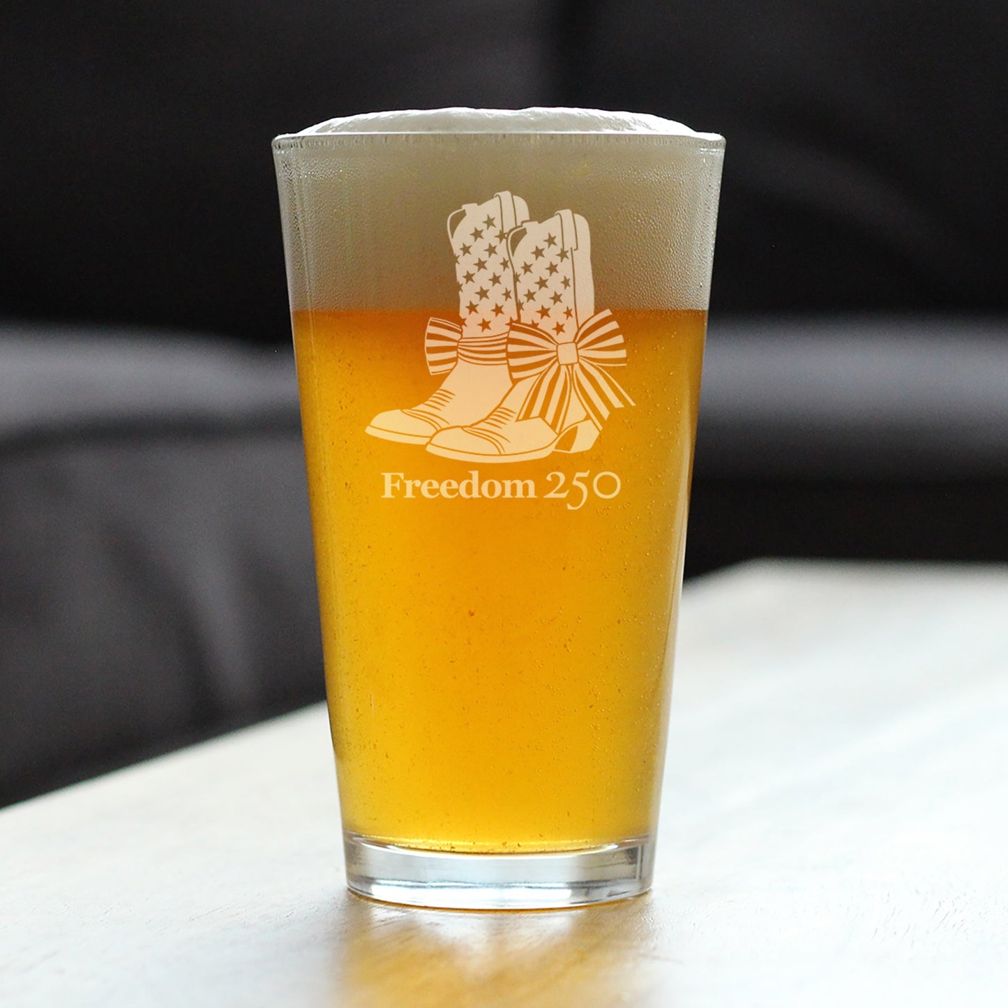 Freedom 250 Cowgirl Boots Engraved Pint Glass 16oz