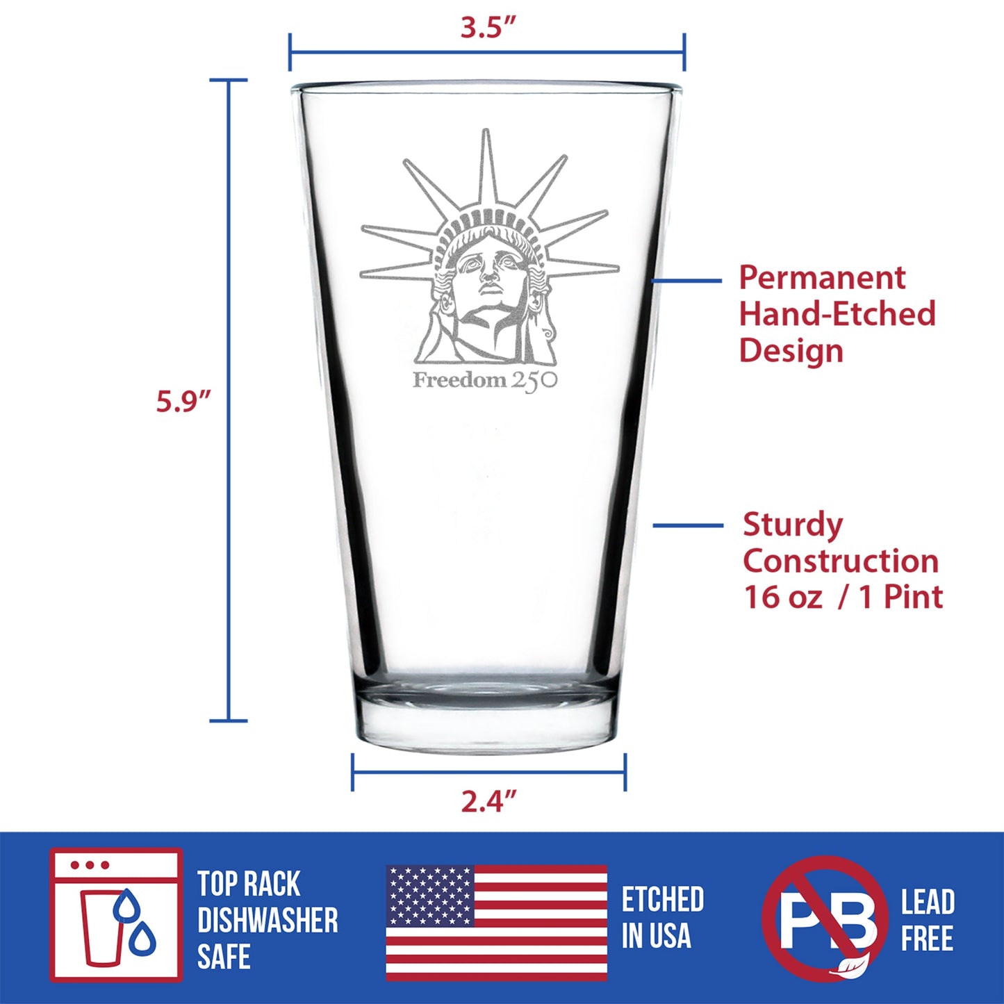 Freedom 250 Statue of Liberty Profile Engraved Pint Glass 16oz