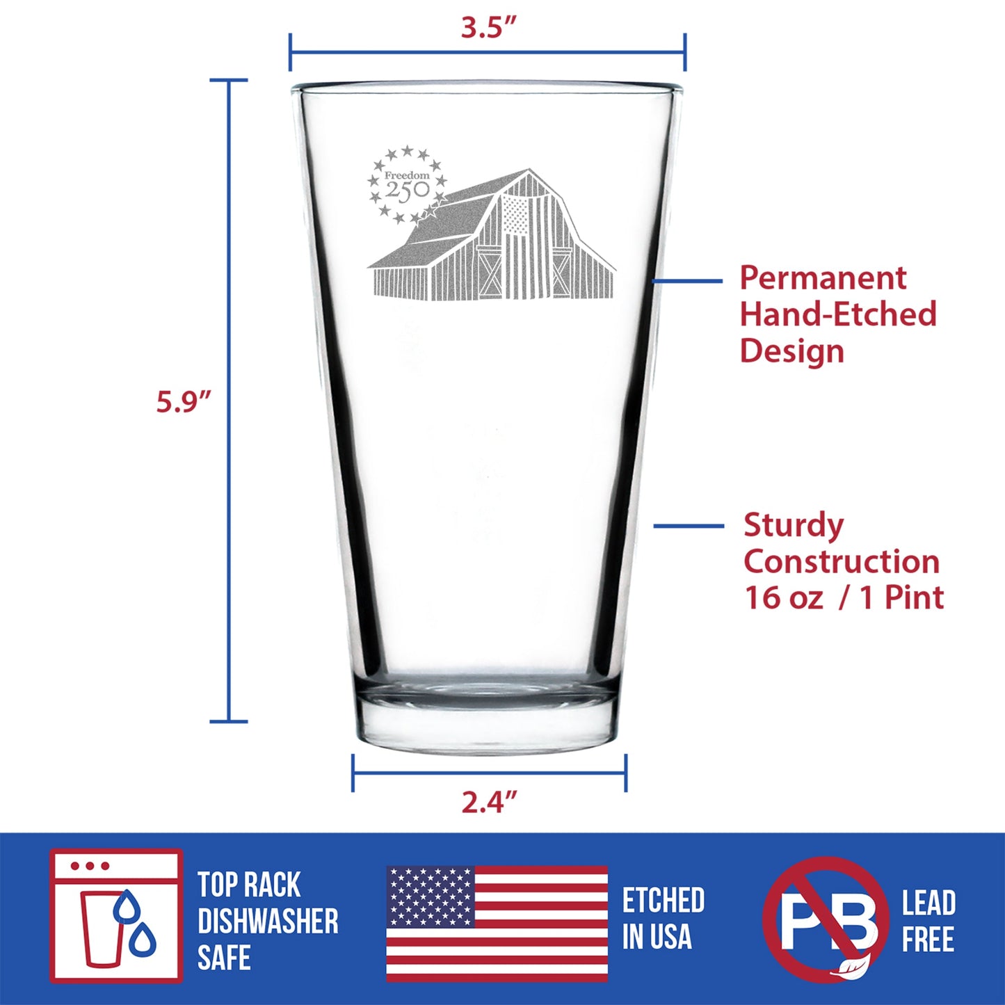 Freedom 250 Homestead Barn Engraved Pint Glass Official Merch for 250th Anniversary of the USA High Quality Pint Glasses for Beer - 16oz