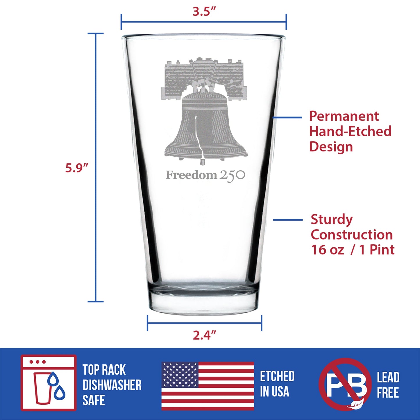 Freedom 250 Liberty Bell Engraved Pint Glass Official Merch for 250th Anniversary of the USA High Quality Pint Glasses for Beer - 16oz