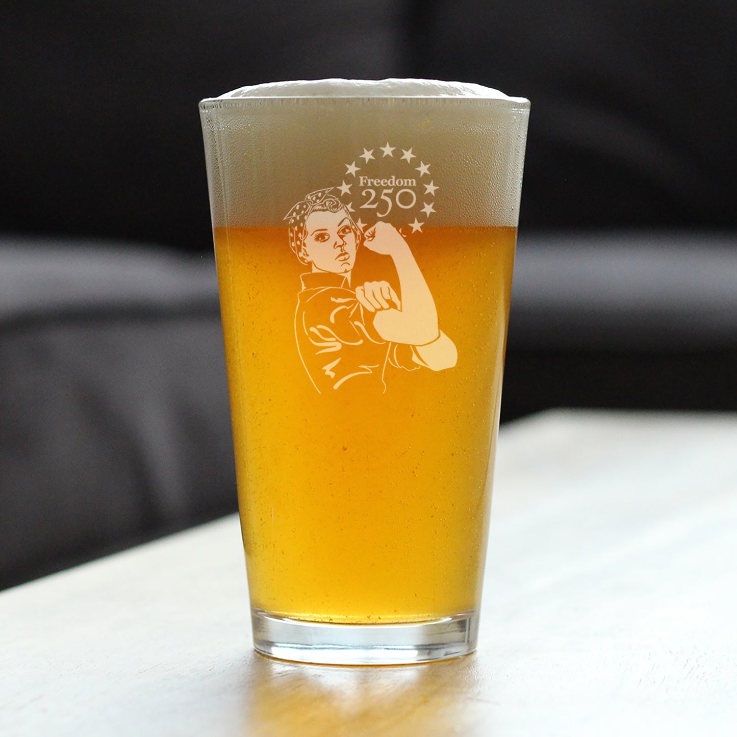 Freedom 250 Rosie the Riveter Engraved Pint Glass 16oz