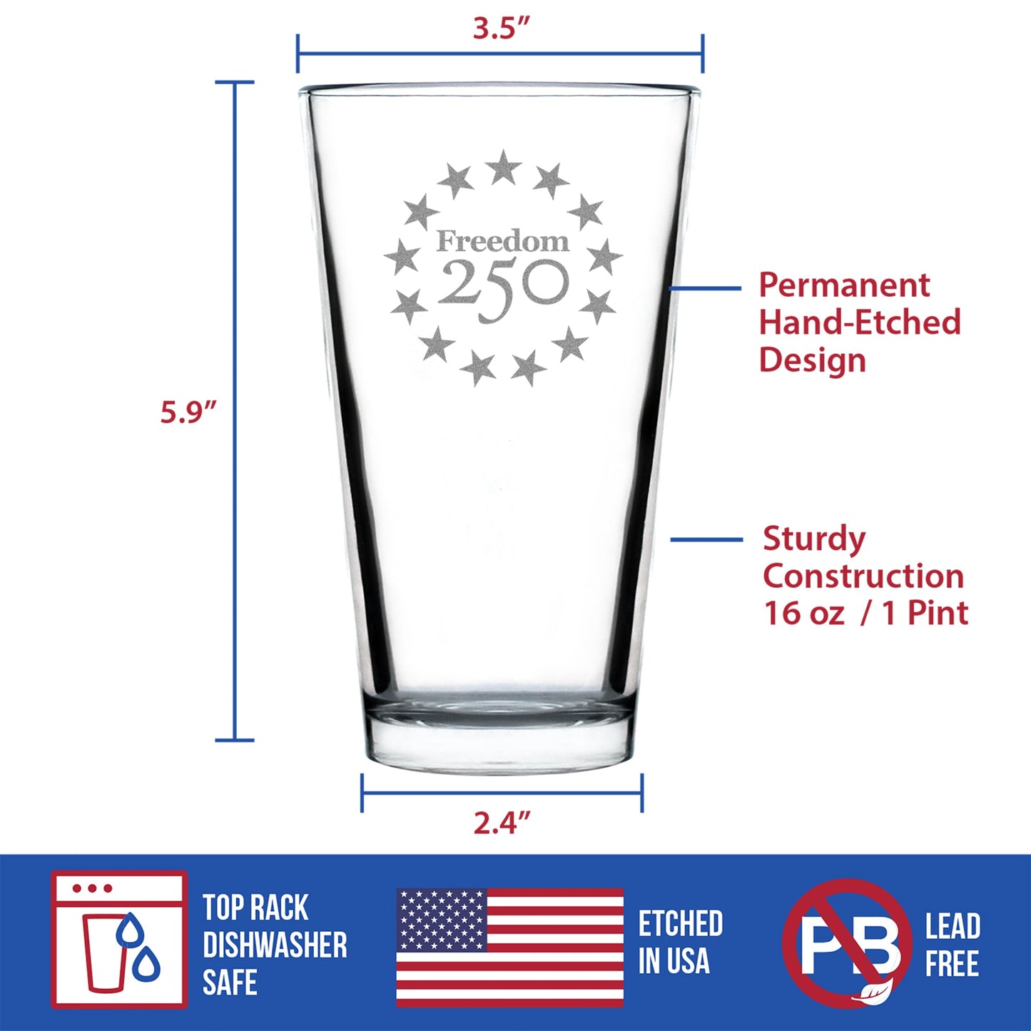 Freedom 250 Betsy Ross Logo Engraved Pint Glass 16oz