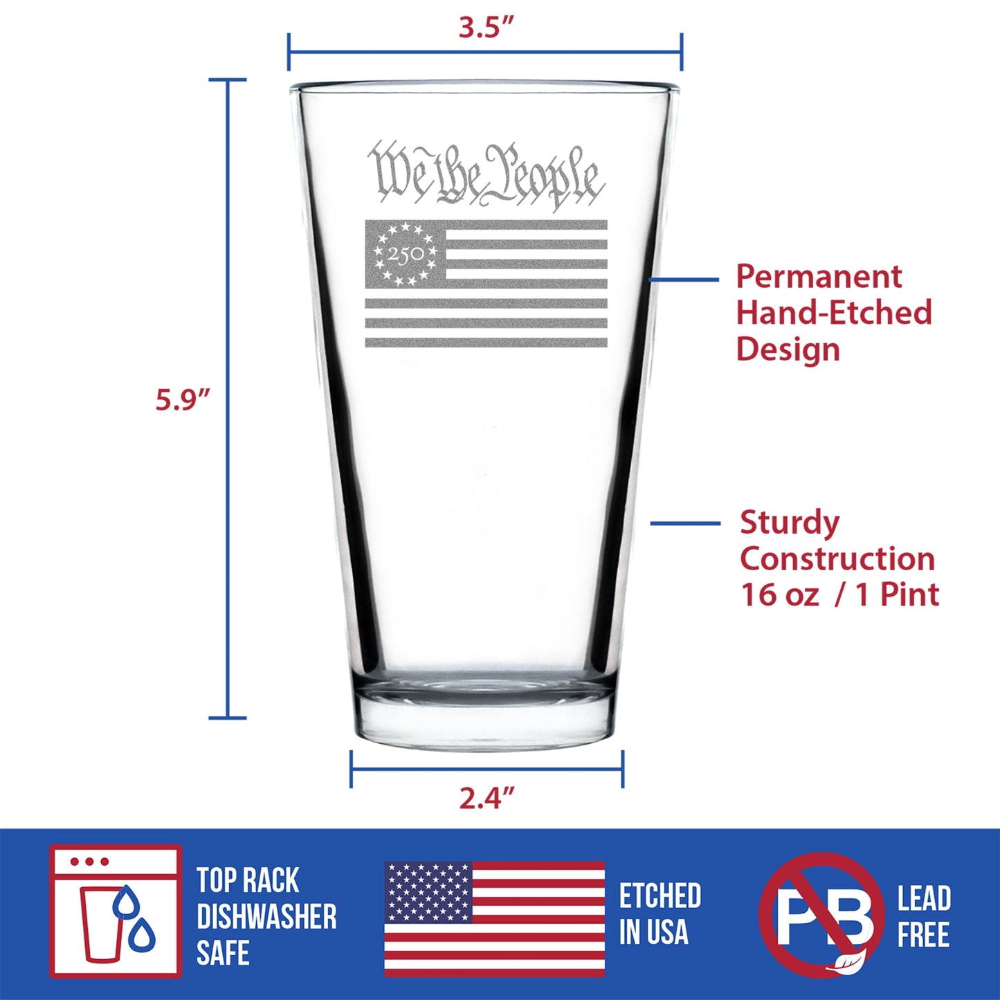 Freedom 250 We the People Engraved Pint Glass 16oz