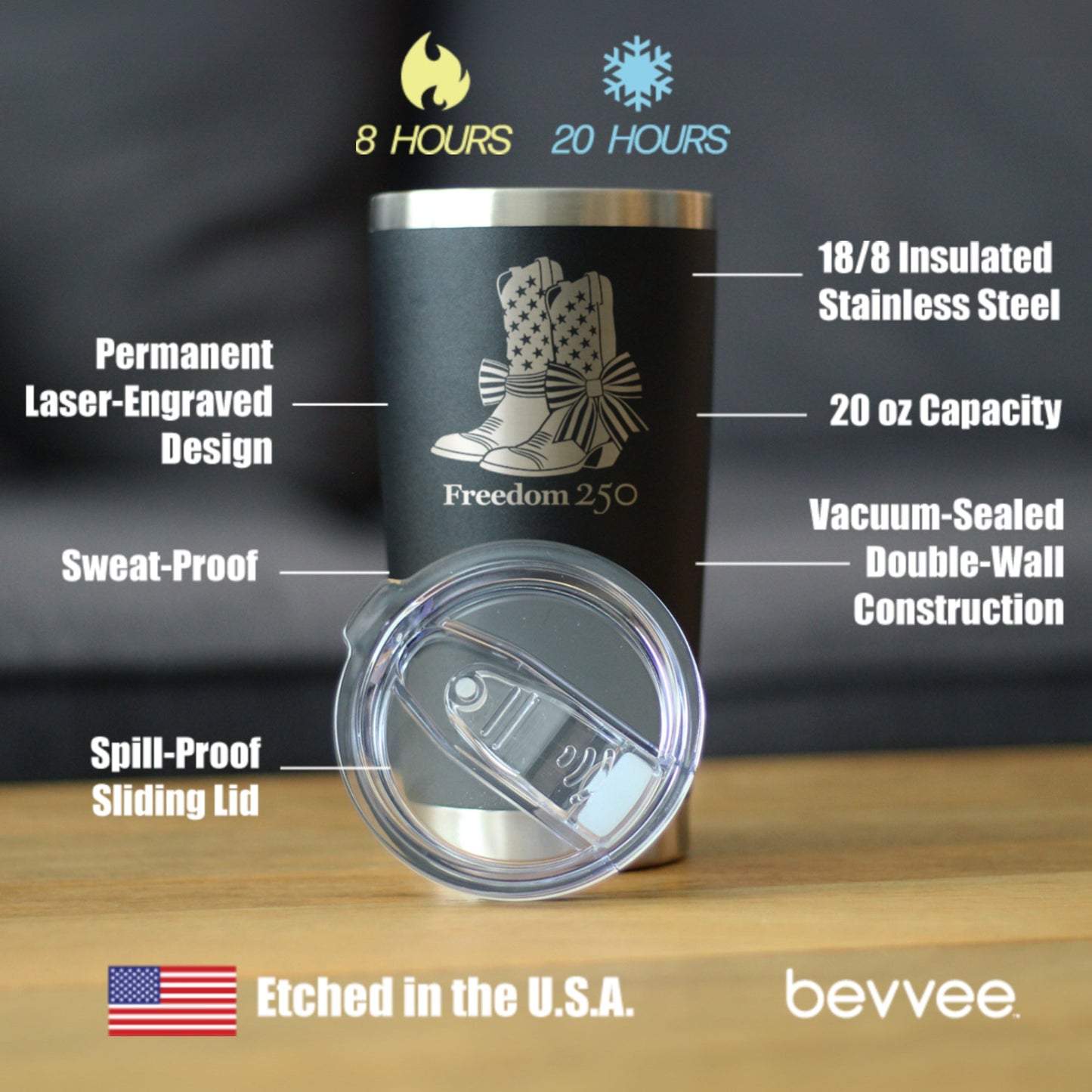 Freedom 250 Cowgirl Boots Insulated Coffee Tumbler with Sliding Lid Official Merch for 250th Anniversary of the USA 20oz Stainless Steel Tumbler