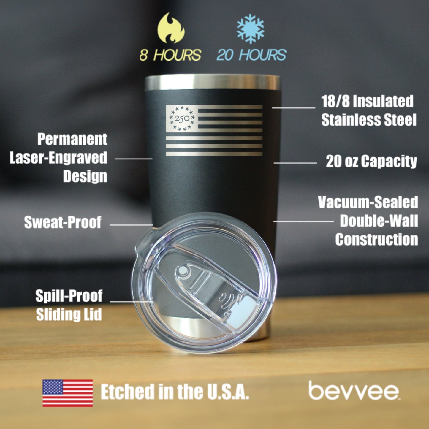 Freedom 250 Flag Logo Insulated Coffee Tumbler with Sliding Lid Official Merch for 250th Anniversary of the USA 20oz Stainless Steel Tumbler
