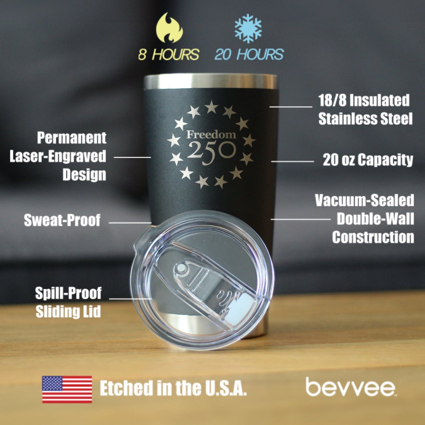 Freedom 250 Betsy Ross Logo Insulated Coffee Tumbler with Sliding Lid Official Merch for 250th Anniversary of the USA 20oz Stainless Steel Tumbler