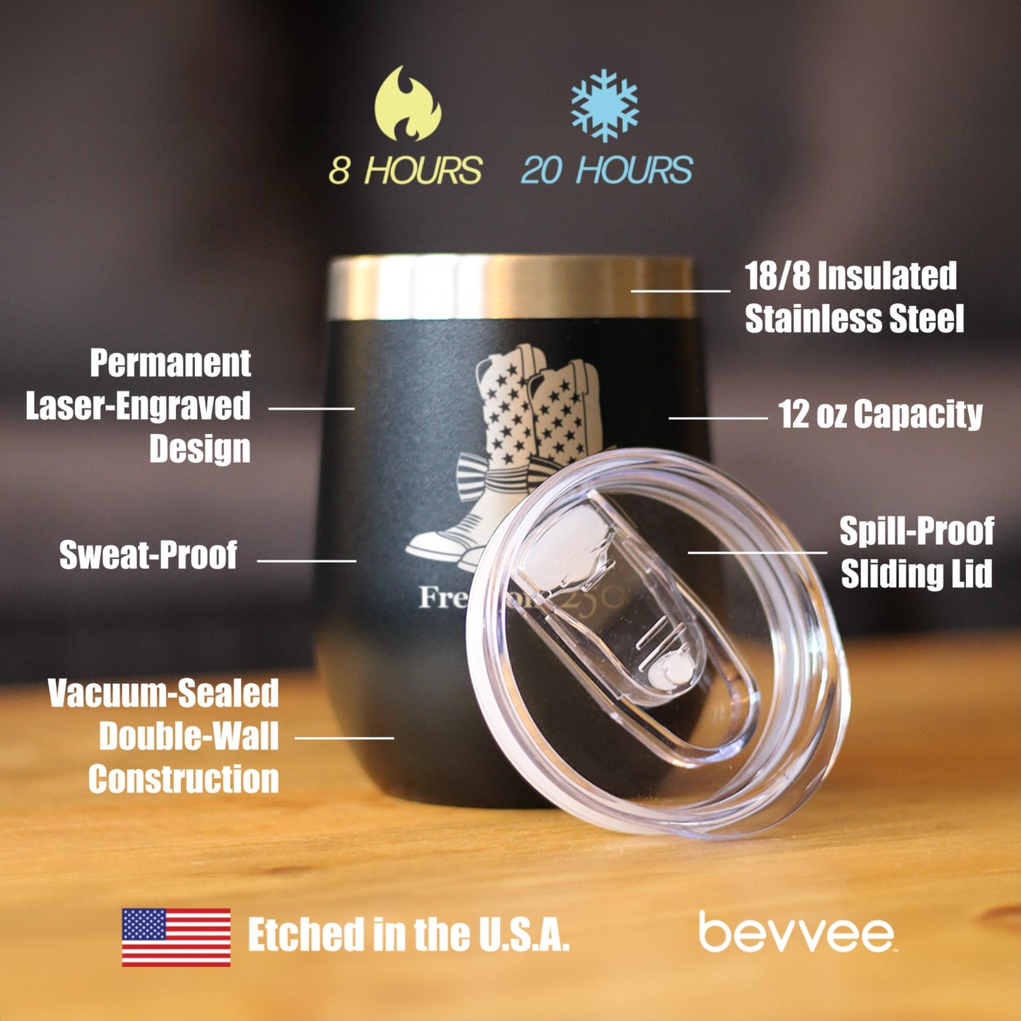 Freedom 250 Cowgirl Boots Insulated Wine Tumbler with Sliding Lid Official Merch for 250th Anniversary of the USA 12oz Stainless Steel Tumbler