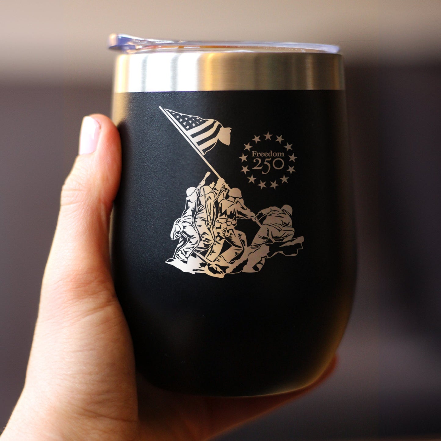 Freedom 250 Raising the Flag on Iwo Jima Insulated Wine Tumbler with Sliding Lid Official Merch for 250th Anniversary of the USA 12oz Stainless Steel Tumbler