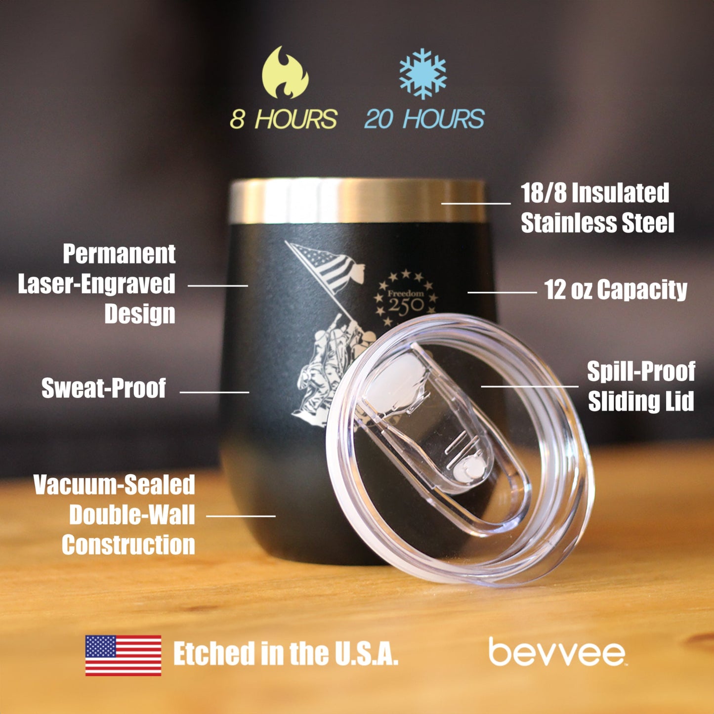 Freedom 250 Raising the Flag on Iwo Jima Insulated Wine Tumbler with Sliding Lid Official Merch for 250th Anniversary of the USA 12oz Stainless Steel Tumbler