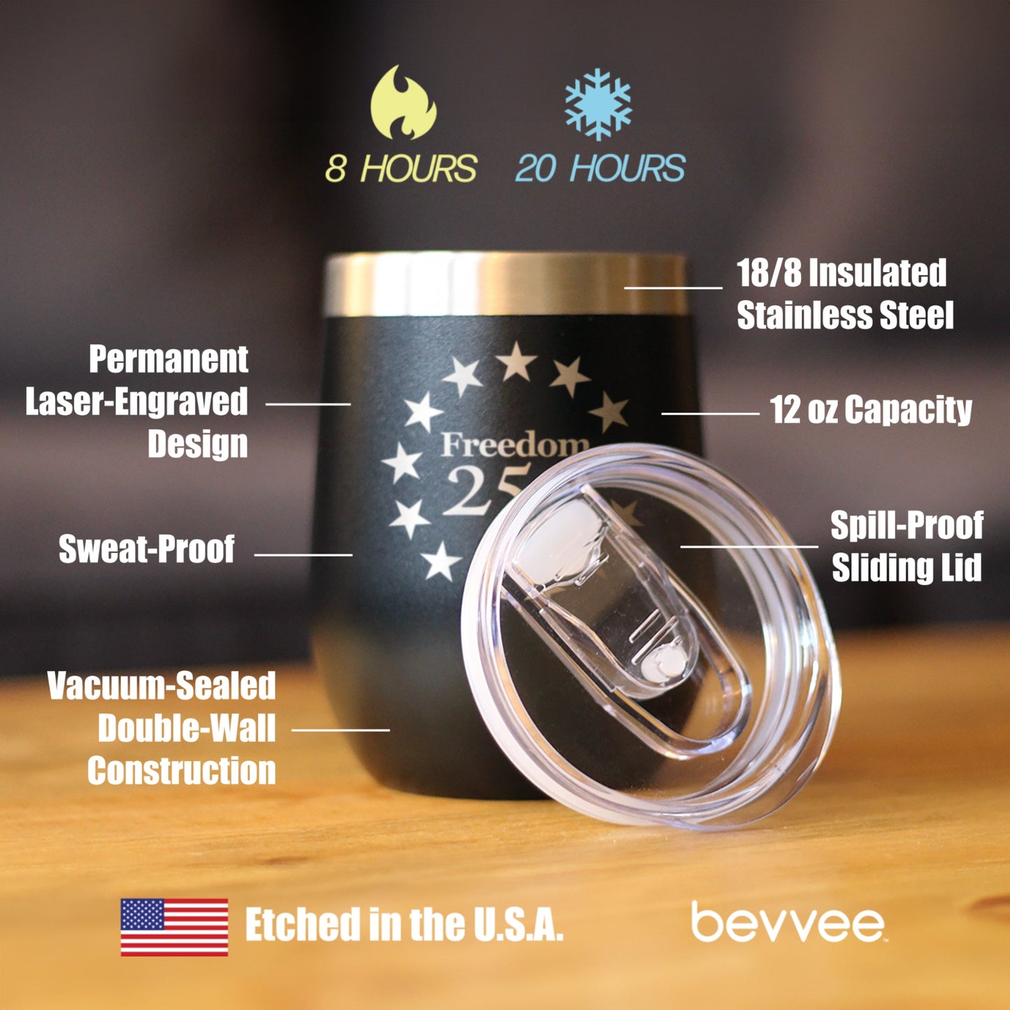 Freedom 250 Betsy Ross Logo Insulated Wine Tumbler with Sliding Lid Official Merch for 250th Anniversary of the USA 12oz Stainless Steel Tumbler