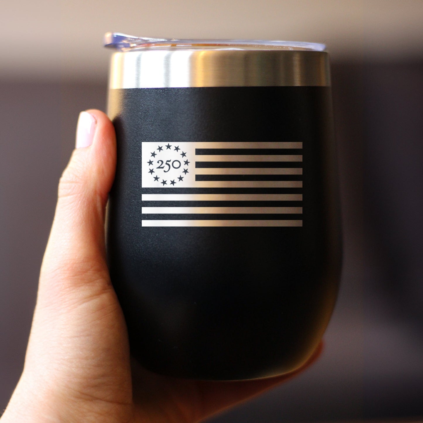 Freedom 250 Flag Logo Insulated Wine Tumbler with Sliding Lid Official Merch for 250th Anniversary of the USA 12oz Stainless Steel Tumbler