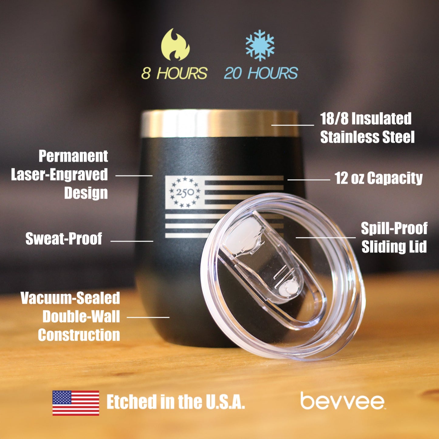 Freedom 250 Flag Logo Insulated Wine Tumbler with Sliding Lid Official Merch for 250th Anniversary of the USA 12oz Stainless Steel Tumbler