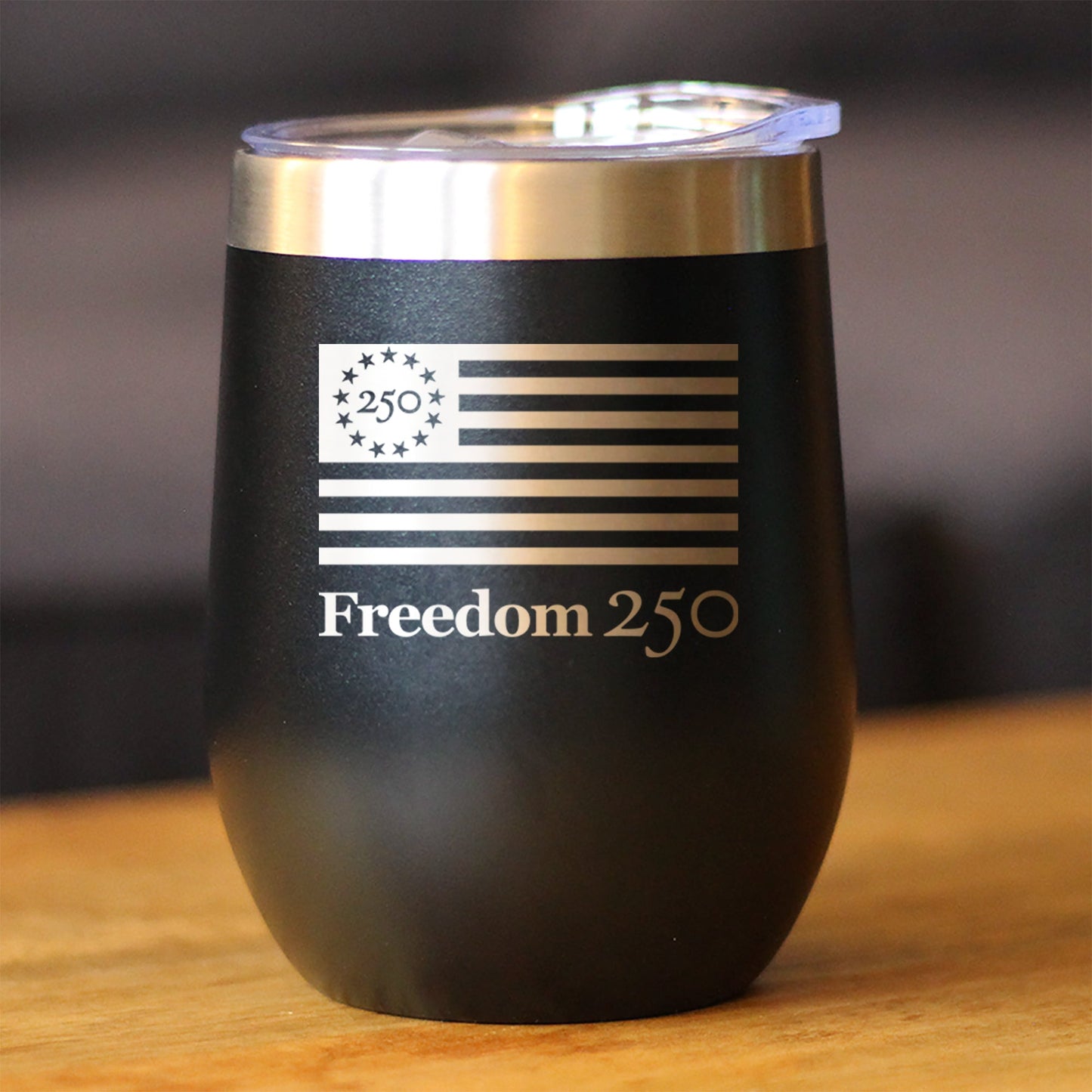 Freedom 250 Logo Insulated Wine Tumbler with Sliding Lid Official Merch for 250th Anniversary of the USA 12oz Stainless Steel Tumbler