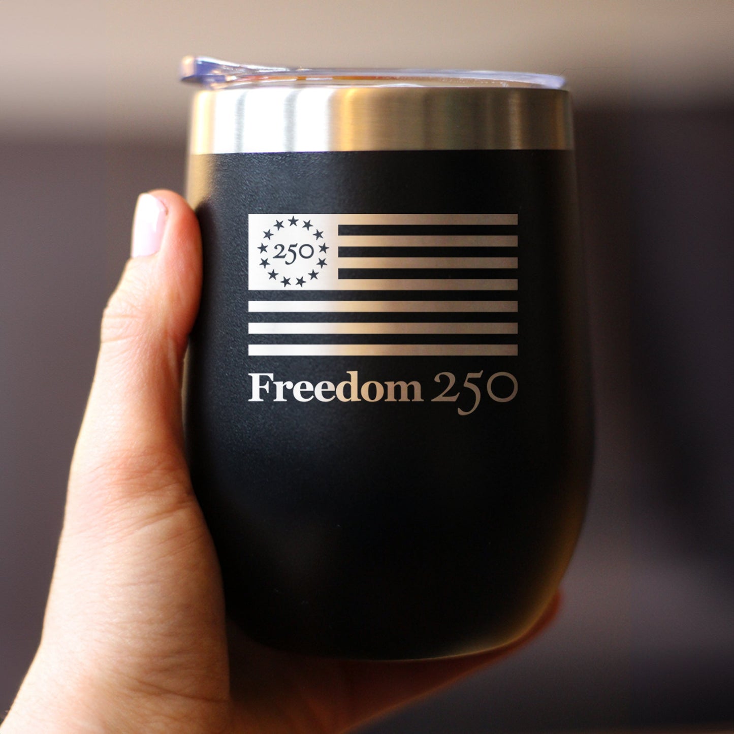 Freedom 250 Logo Insulated Wine Tumbler with Sliding Lid Official Merch for 250th Anniversary of the USA 12oz Stainless Steel Tumbler