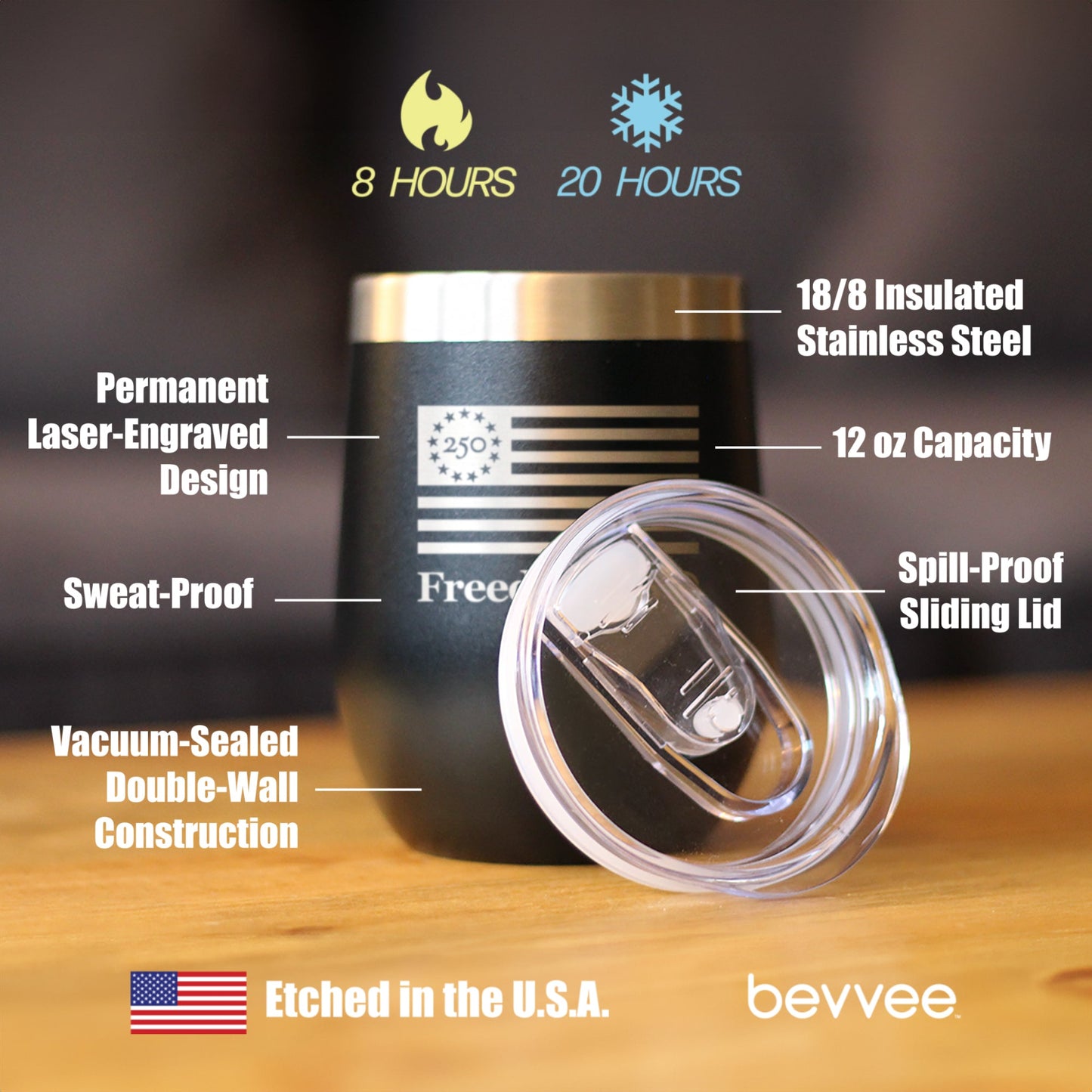 Freedom 250 Logo Insulated Wine Tumbler with Sliding Lid Official Merch for 250th Anniversary of the USA 12oz Stainless Steel Tumbler