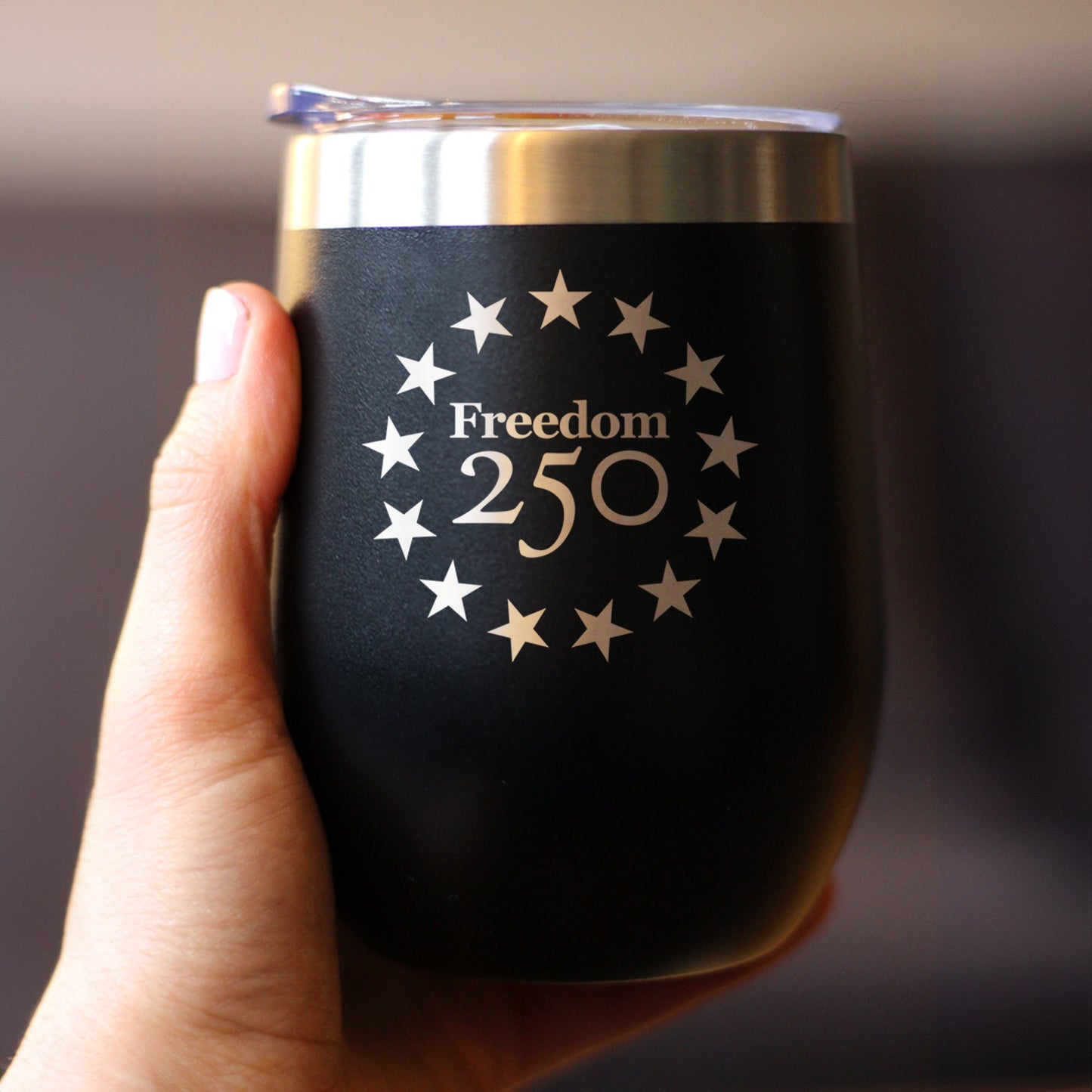 Freedom 250 Betsy Ross Logo Insulated Wine Tumbler with Sliding Lid Official Merch for 250th Anniversary of the USA 12oz Stainless Steel Tumbler