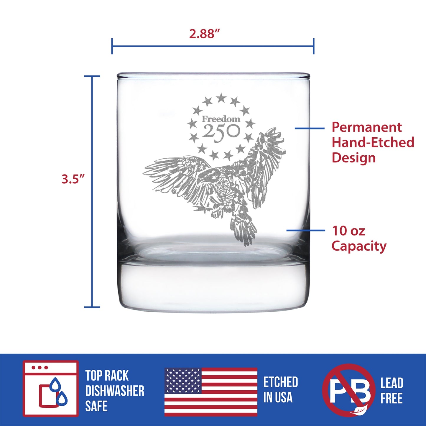 Freedom 250 Bald Eagle Engraved Rocks Glass 10.25 oz