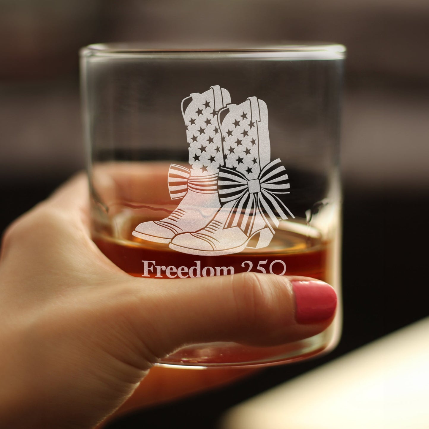 Freedom 250 Cowgirl Boots Engraved Rocks Glass 10.25 oz