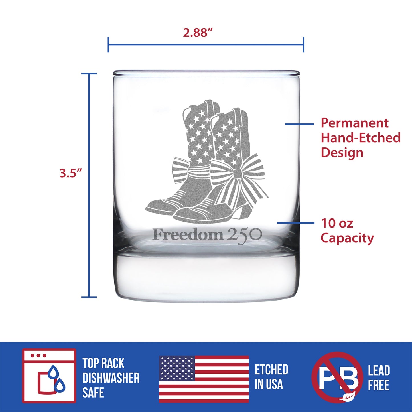 Freedom 250 Cowgirl Boots Engraved Rocks Glass 10.25 oz