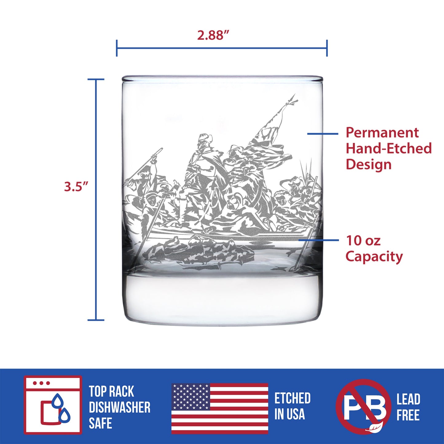 Freedom 250 Washington Crossing the Delaware Engraved Rocks Glass Official Merch for 250th Anniversary of the USA Weighted Whiskey Glasses - 10.25 oz