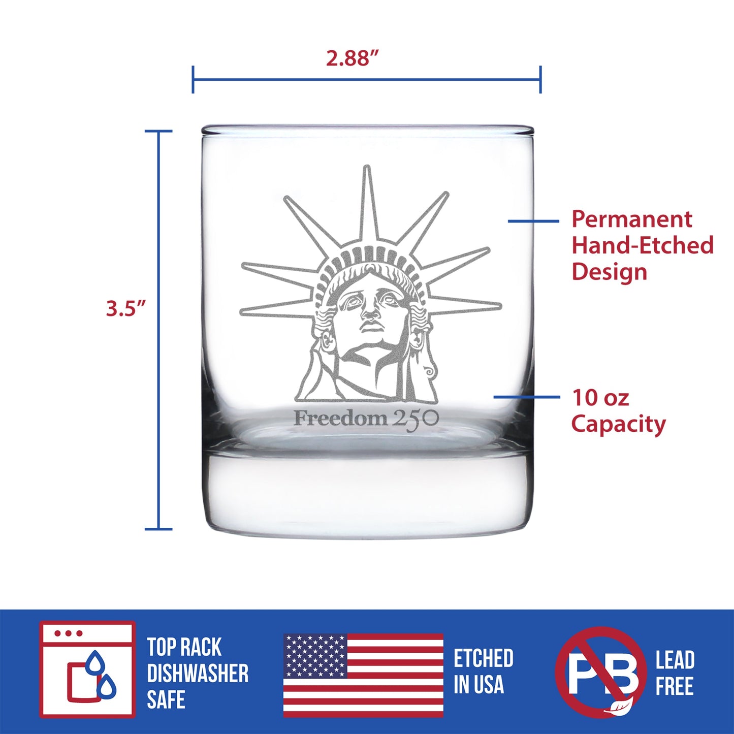 Freedom 250 Statue of Liberty Profile Engraved Rocks Glass Official Merch for 250th Anniversary of the USA Weighted Whiskey Glasses - 10.25 oz