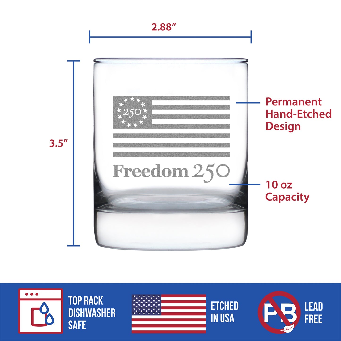 Freedom 250 Logo Engraved Rocks Glass 10.25 oz