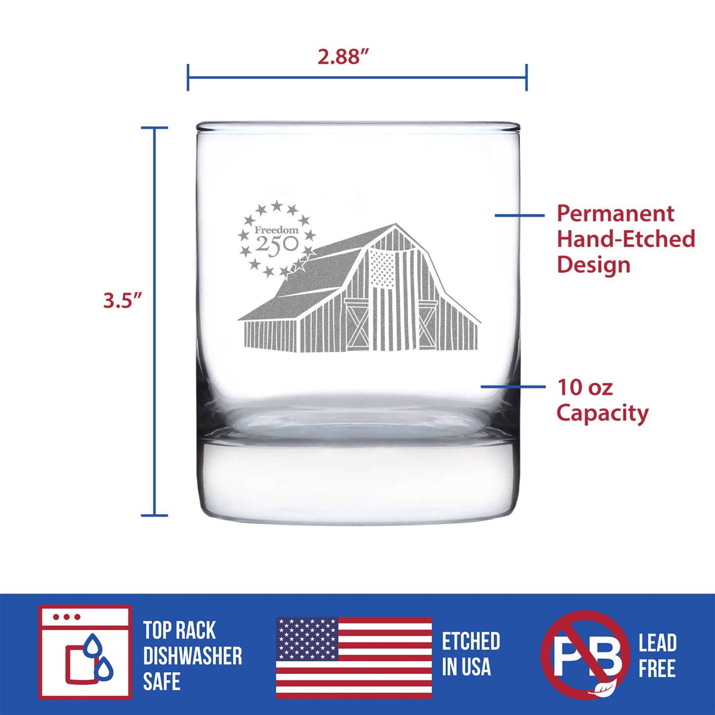 Freedom 250 Homestead Barn Engraved Rocks Glass 10.25 oz