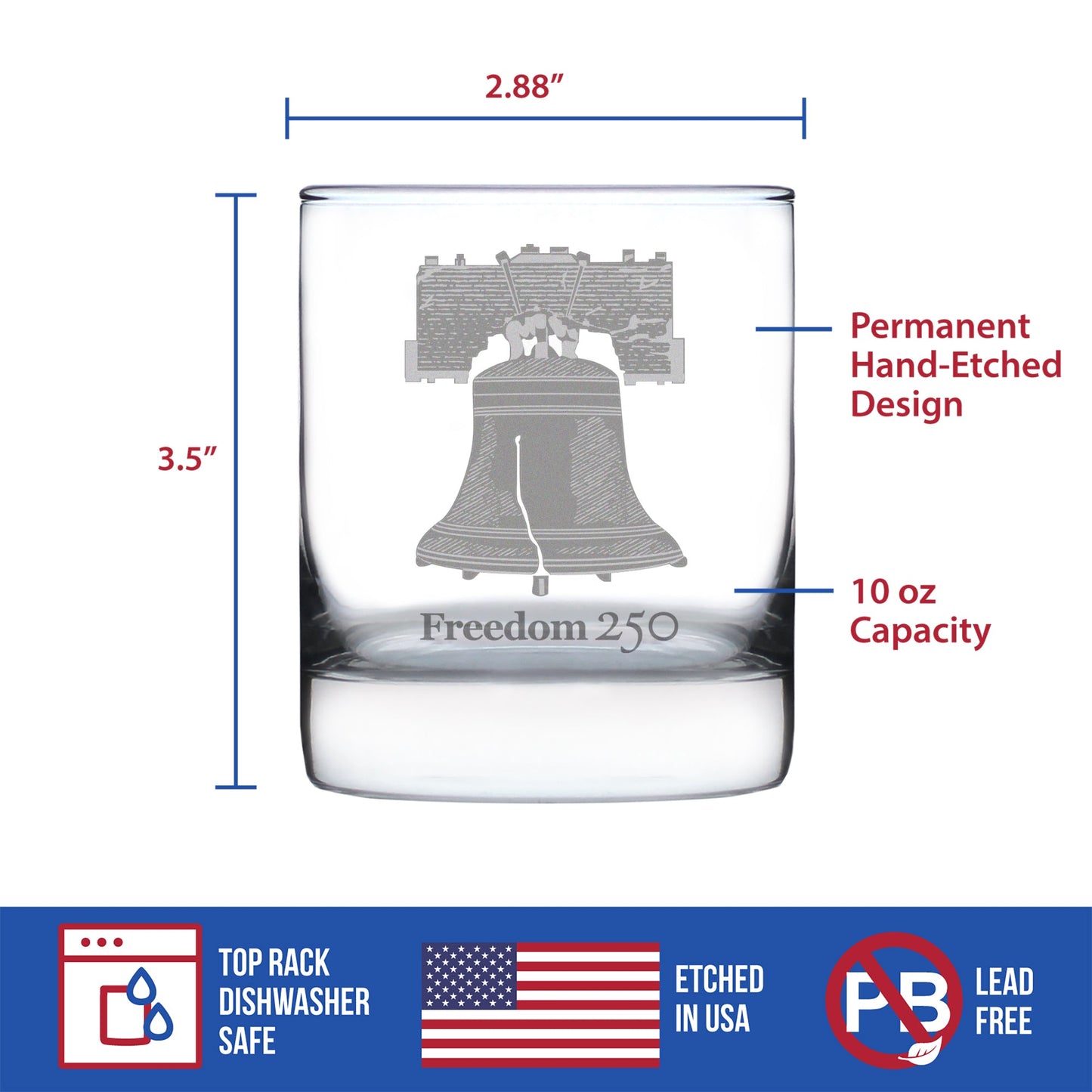 Freedom 250 Liberty Bell Engraved Rocks Glass Official Merch for 250th Anniversary of the USA Weighted Whiskey Glasses - 10.25 oz