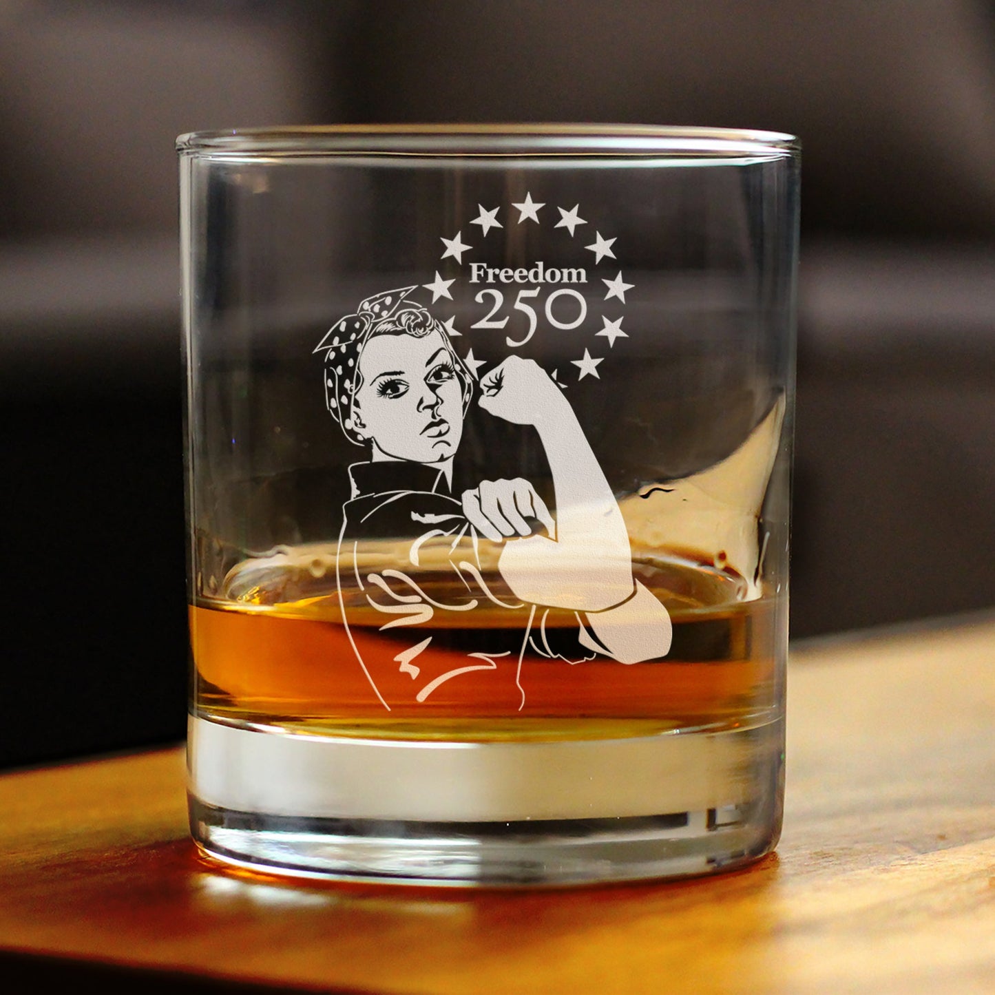Freedom 250 Rosie the Riveter Engraved Rocks Glass 10.25 oz