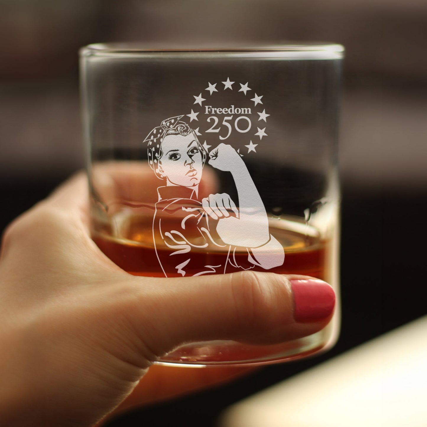 Freedom 250 Rosie the Riveter Engraved Rocks Glass 10.25 oz