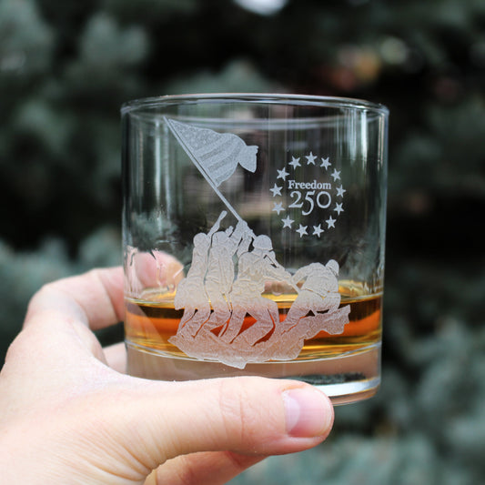 Freedom 250 Raising the Flag on Iwo Jima Engraved Rocks Glass 10.25 oz